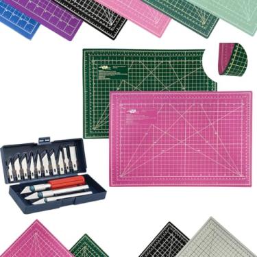 Imagem de Kit Base de Corte A3 45x30cm Patchwork Artesanato Scrapbook Dupla Face Multiuso AutoCura Jogo Estilete de Precisão Profissional 13 Peças (Rosa e Verde)