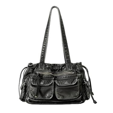 Imagem de NIGEDU Bolsa de ombro feminina moderna de couro sintético com cordão para motocicleta, bolsa de mão com vários bolsos (preto prata)