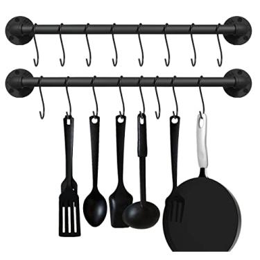 Imagem de EGASON Conjunto de 2 com 16 ganchos para panelas industriais para panelas de ferro rústico para pendurar para tubos de cozinha organizador de utensílios de cozinha preto