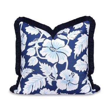 Imagem de Hofdeco Premium Capa de almofada para pátio costeiro, ambientes internos e externos, 50,8 cm x 50,8 cm, repelente de água para quintal, sofá, azul marinho, estampa azul bebê, flores tropicais hisbucs