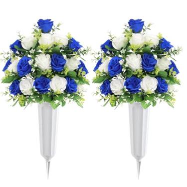 Imagem de U'Artlines 2 peças de flores artificiais de cemitério com vaso para sepultura, buquê de flores de rosas do dia da memória de seda para ambientes externos para túmulo, cemitério, lápides (azul branco)