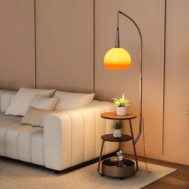 Imagem de Bofea - Luminária De Chão Laranja Moderna Para Sala De Estar, Luminárias Altas De Meados Do Século Com Mesa De Chá E Balde De Armazenamento, Luminária De Pé De Pesca Com Abajur De Vidro, Luminária D