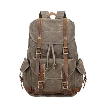 Imagem de Mochila masculina de lona vintage mochila feminina de couro genuíno para homens mochila grande mochila escolar(Army Green)