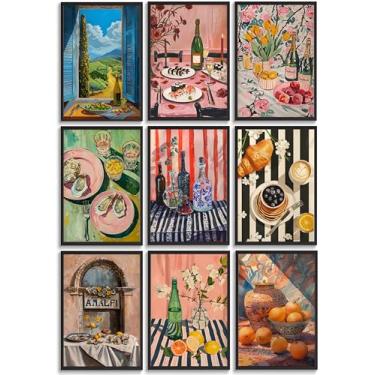 Imagem de 9 peças arte de parede de cozinha colorida decoração de parede imagens bebidas frutas bar carrinho impressão em tela para decoração de cozinha de restaurante sem moldura (30,5 x 40,6 cm)