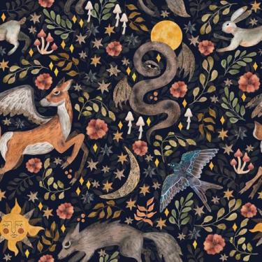 Imagem de Papel de parede floral vintage extravagante animal autoadesivo de desenho animado aquarela cobra pássaro lobo estrela folha de contato removível à prova d'água para locatário de quarto amigável 45 x