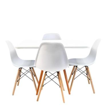 Imagem de Conjunto Mesa de Jantar Quadrada 80cm Branca com 4 Cadeiras Eames, Base Madeira, Estilo Moderno