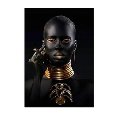 Imagem de MOBYAT Arte de parede de mulher negra afro-americana sem moldura, colar dourado, pôsteres de mulheres negras, pintura em tela, imagens africanas para parede, decoração de parede de arte de menina
