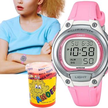Imagem de Relógio de Pulso Casio Infantil Digital Alarme Luz Led Pequeno Quartz Esportivo Rosa LW-203-4AVDF + Massinha Slime Amoeba Geleca