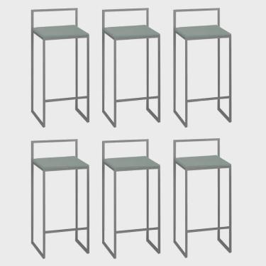 Imagem de Kit 06 Banquetas Alta Com Encosto Lino Industrial Balcão Bistrô Ferro Cinza mdf Madeira Verde Oliva - Ahz Móveis