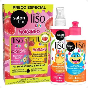 Imagem de Kit Salon Line Meu Liso Kids: Shampoo 300ml e Condicionador 200ml Morango + Creme para Pentear 250ml e Spray Desembaraçante 240ml