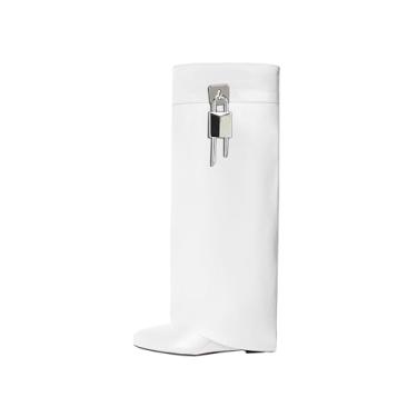 Imagem de keleimusi Botas de salto plataforma dobrável com salto Padlock na altura do joelho botas altas/curtas, Branco, 10