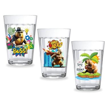 Imagem de Conjunto 3 Copos Americanos Estampa Capivara Vidro Resistente 190ml Personalizado Decorado Good Vides Super Hero Relax Boss