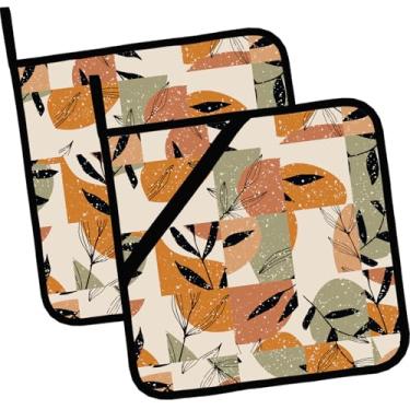 Imagem de Conjunto de 2 pegadores de panela resistentes ao calor e antiderrapantes, boêmio abstrato folhas tropicais símbolos almofadas quentes para cozinha cozinhar, assar, churrasco e presentes para mulheres