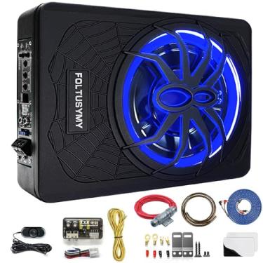 Imagem de FOLTUSYMY Subwoofer de carro 1200W 25,4 cm fino alimentado por baixo do assento, entrada de nível alto/baixo, pacote combo de amplificador de áudio de carro/caminhão, com luz LED azul