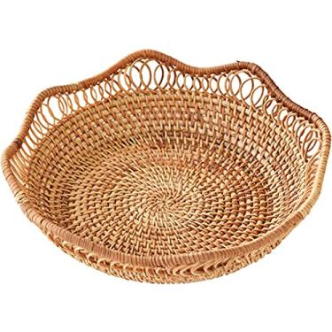 Imagem de Cesta de piquenique cesta de frutas de vime para cozinha pequena tigela de pão de tecido para servir biscoitos lanches marrom natural (tamanho: 30 cm x 7 cm)