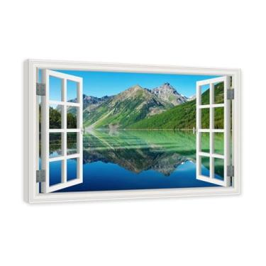 Imagem de PY3H69 Arte de parede em tela de janela aberta, impressão natural em tela. Lindo cenário de montanha 58,4 cm, decoração de parede de paisagem de janela, decoração de casa moderna. Moldura interna