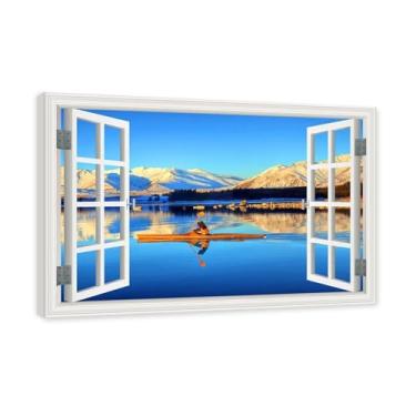 Imagem de PY3H69 Arte de parede em tela de janela aberta, impressão natural em tela. Lindo cenário de montanha 68,5 cm, decoração de parede de paisagem de janela, decoração de casa moderna. Moldura interna 40 x