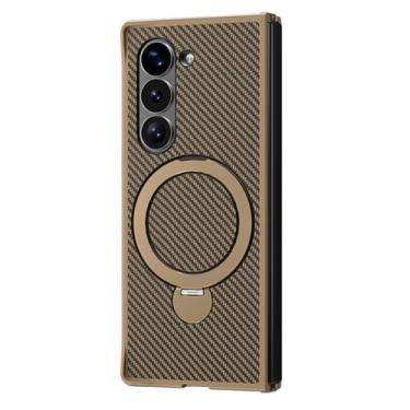 Imagem de HAO RIYLN Capa magnética para Samsung Galaxy Z Fold 6, capa giratória com suporte dobrável, textura de fibra de carbono, capa de proteção para câmera, dourada, ZFOLD6