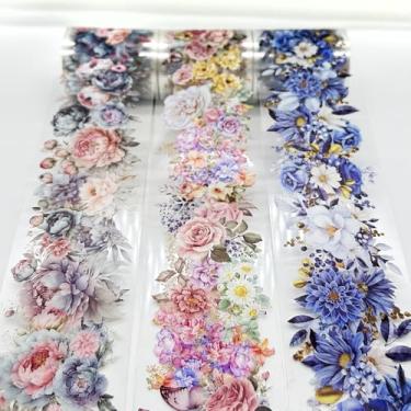 Imagem de 3 rolos de fita floral PET de 600 cm decorativa flor estética Washi adesivos para álbum de recortes, material de diário de balas, artes, artesanato, agendas, agendas, scrapbooking, comprimento de