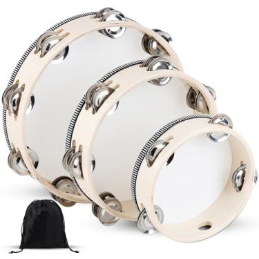 Imagem de Pandeiro de percussão portátil de madeira com bolsa de armazenamento - 15 + 20 + 25 cm, ideal para igreja, casamento, festa, dança, sessão de fotos