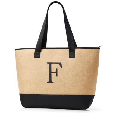 Imagem de KALIDI Sacola de tecido para mulheres, bolsa de praia com monograma leve com zíper e base de lona à prova de areia, presente personalizado, F-bege, Medium