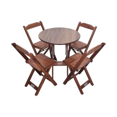 Imagem de Mesa Dobrável de Madeira Redonda 70cm com 4 Cadeiras Imbuia - Tarimatã