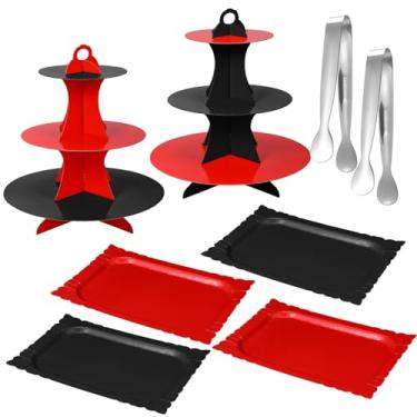 Imagem de Willinglong Conjunto de 8 suportes de bolo com 2 x torre de suporte de cupcake de papelão de 3 camadas, 4 bandejas retangulares para servir, 2 pinças de servir para casamento, chá de panela, formatura