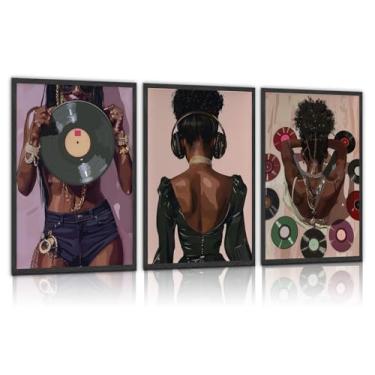 Imagem de Conjunto de 3 mulheres negras arte de parede moda mulheres afro-americanas decoração de parede abstrato menina pôster impressão música imagens estéticas para quarto sala de estar (pôsteres de 40,6 cm