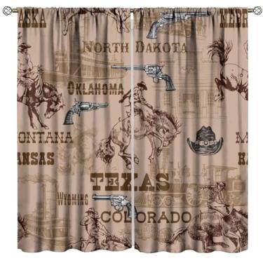 Imagem de Cortinas retrô caubói, arte rural marrom bege medieval, desenho à mão, desenho de navio de cavalo ocidental, tratamentos de janela com padrão sem costura, cortinas blackout para sala de estar, quarto