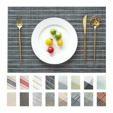 Imagem de SUMYMERY Jogo americano conjunto de 12 tapetes de vinil/plástico para mesa de cozinha, uso interno/externo, lavável, tapete de mesa de jantar limpável (listras pretas, 12)