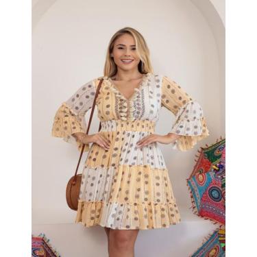 Imagem de Vestido Curto Crepe Indiano  Com Renda E Fios Dourados 91 - Deeyaa Ind