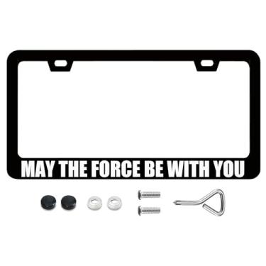 Imagem de Molduras engraçadas para placa de licença May The Force Be with You Moldura de placa de licença com parafusos Suporte para placa de carro 6,3 x 31,2 cm para decoração de carro para mulheres e homens