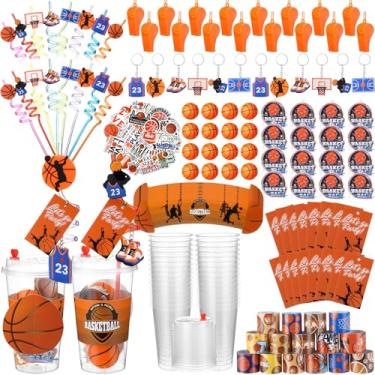 Imagem de Seenelling Conjunto de 195 peças de lembrancinhas de festa de basquete com copo, manga de palha, bola saltitante, máquina de pinball, chaveiro adesivo, pulseira de palmas, para presente de aniversário