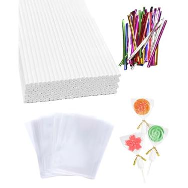 Imagem de 300 palitos e embalagens para bolo, palitos e sacos de pirulito de papel de 15 cm, palito de bolo CHELIZIYA para doces, chocolate com 100 palitos, 100 sacos traet, 100 laços torcidos (gravatas