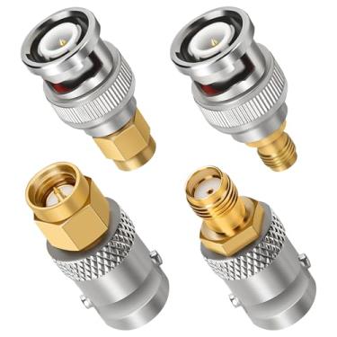 Imagem de Adaptador BNC para SMA, pacote com 4, conector conversor de extensão de antena coaxial SMA para BNC RF de baixa perda para aplicações RF/dispositivos LAN sem fio/rádios Wi-Fi antena externa