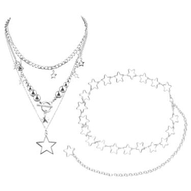 Imagem de Conjunto de cinto e colar de corrente de estrela, corrente de cintura de estrela prateada ajustável com colar grosso, acessórios de joias modernas, saias e jeans
