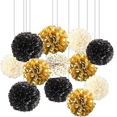 Imagem de Xiksxitn 12 Peças De Pompons Papel Seda Com Gradiente Preto E Dourado - Brancos Pendurados Bolinhas Flores Em Formato Bola Para Decoração Festa (20, 25 30 Cm)