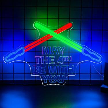 Imagem de Sinal de néon com sabre de luz, May The 4th Be With You, placas de neon, decoração de sala de jogos, luz de LED regulável, para decoração de parede, quarto, sala de estar, presentes de aniversário
