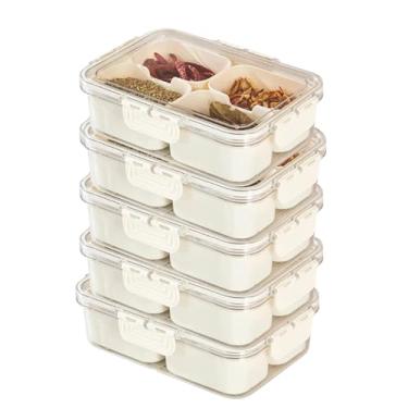 Imagem de Kit 5 Bandeja Pote Cesto Organizador Transparente Hermético com Tampa Empilhável com 4 Divisórias Internas Multiuso - Caixa Organizadora Ideal para Geladeira, Alimentos, Frutas, Legumes, Lanches