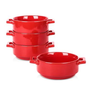 Imagem de vicrays Ceramic Soup Bowls with Handles, 24 Oz Porcelain Soup Crocks for French Onion Soup, Cereal, Beef Stew, Chill, Pasta, Pot Pies, Microwave and Oven Safe, Set of 4 (Red)