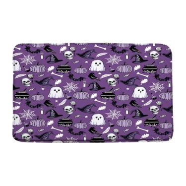 Imagem de Tapete de banho de Halloween roxo fantasma crânio assustador corvo gótico morcego assustador chapéu de bruxa abóbora místico preto alquimia decoração de banheiro tapete de chão
