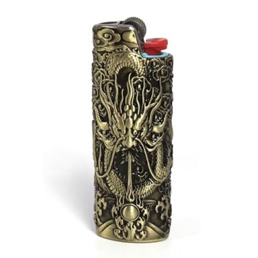 Imagem de HUMWE Capa vintage Dragon Metal Isqueiro, bolsa de manga gravada para isqueiros BIC tamanho completo