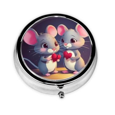 Imagem de Mouse in Love Caixa de comprimidos redonda impressa, mini estojo de pílulas de metal, 3 compartimentos para guardar vitaminas, remédios, óleo de peixe