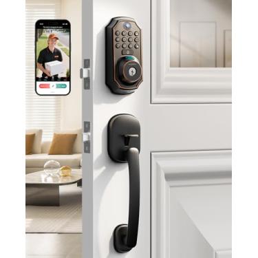 Imagem de Fechadura de entrada sem chave com conjunto de alça - Trava inteligente WiFi com câmera, câmera 5 em 1 + campainha + impressão digital + teclado, controle de aplicativo, trava automática, fácil