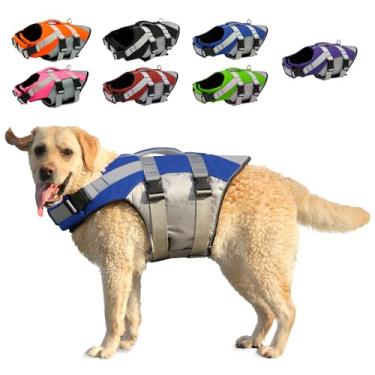 Imagem de Kosgraiy Colete salva-vidas para cães, colete salva-vidas refletivo de alta flutuabilidade, colete de natação ajustável para cães com alça de resgate para natação de barco, maiô flutuante para cães