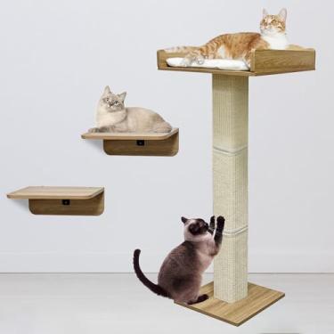 Imagem de Poleiro de janela para gatos com postes altos para arranhar e 2 plataformas, rede de trepadeira de sisal de 101 cm com ventosas, 2 formas de instalação, cama de janela para gatos com almofada