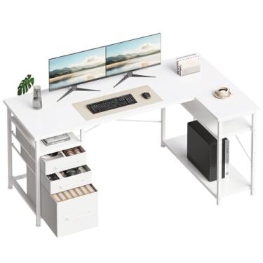 Imagem de Maihail Mesa de computador de 139,7 cm com gavetas, mesas para quartos, escrivaninha com armazenamento, mesa de trabalho para espaços pequenos, branca