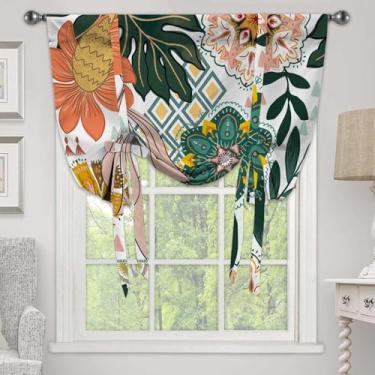Imagem de Cortina de saia floral boêmia, abstrata de meados do século, escurecimento de janela boêmia, flores tropicais, folhas tropicais, bolso ajustável para varão, para cozinha, sala de estar, quarto, 1