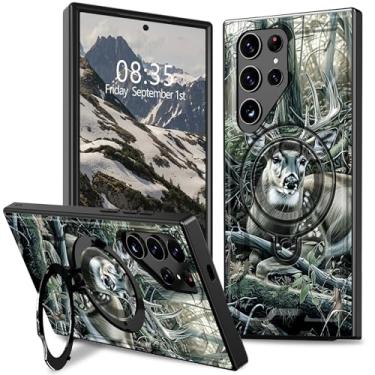 Imagem de BFDHGQZC Capa para Samsung Galaxy S25 Ultra com suporte para Samsung S25 Ultra, capa protetora híbrida de camada dupla robusta fina à prova de choque, árvore de caçador de veados