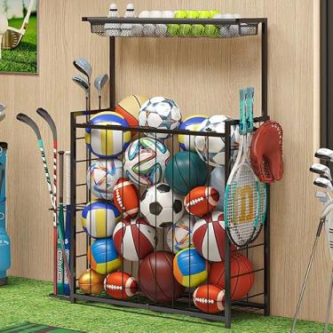 Imagem de Organizador de equipamentos esportivos, grande suporte de bolas de armazenamento de garagem com tiras elásticas e 3 ganchos, suporte organizador de brinquedos ao ar livre, rack de armazenamento de